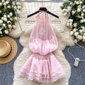 Pure desire halter beaded suspender dress goddess elegant waist ruffles chiffon skirt fairy vacation skirt