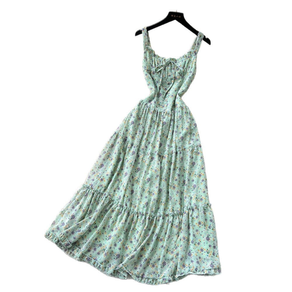 French sweet floral print cami dress - women's summer mint green lace trim, slim fit, vacation maxi dress