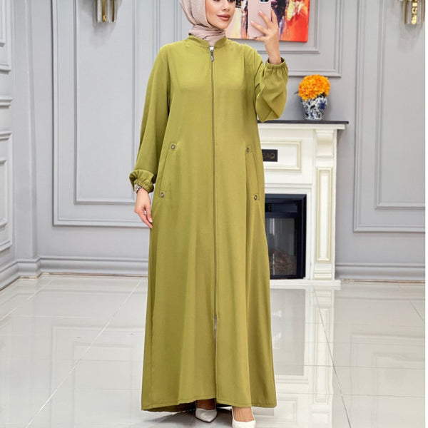 Middle East Dubai Spot 2024 New Fashion Women's Stand-up Collar Zipper Socket Loose Casual Dress Women's Robe