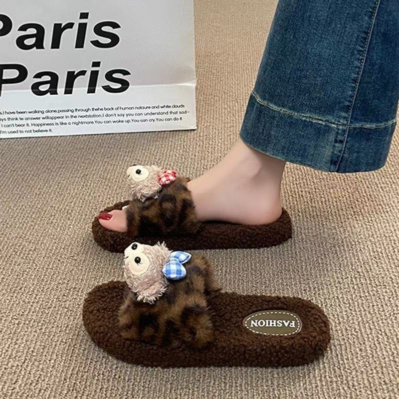 2025 new cute cartoon shirley rose leopard print fuzzy slippers women's autumn/winter outdoor non-slip soft sole closed-toe cotton slippers