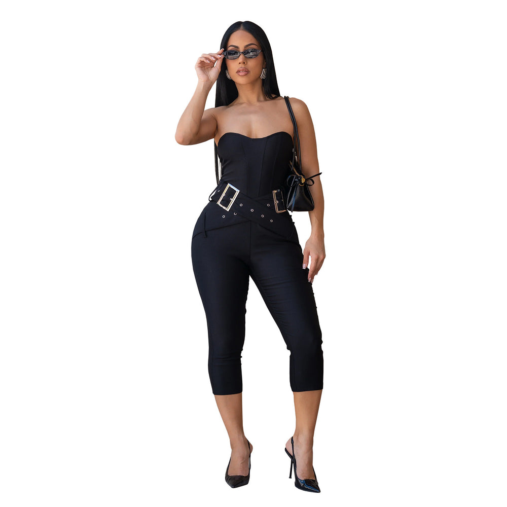 C7693 cross-border   fashion women's sexy slim-fit bandeau solid color bodycon jumpsuit