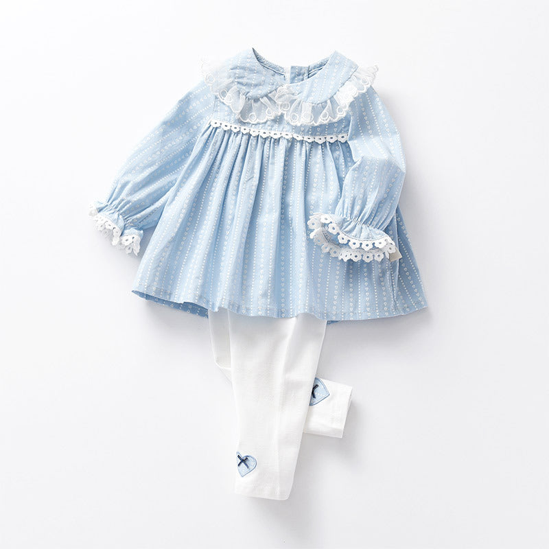 Kids' korean style spring/autumn outfit: girls' long-sleeved pure cotton blue top and pants set - new  collection for toddlers