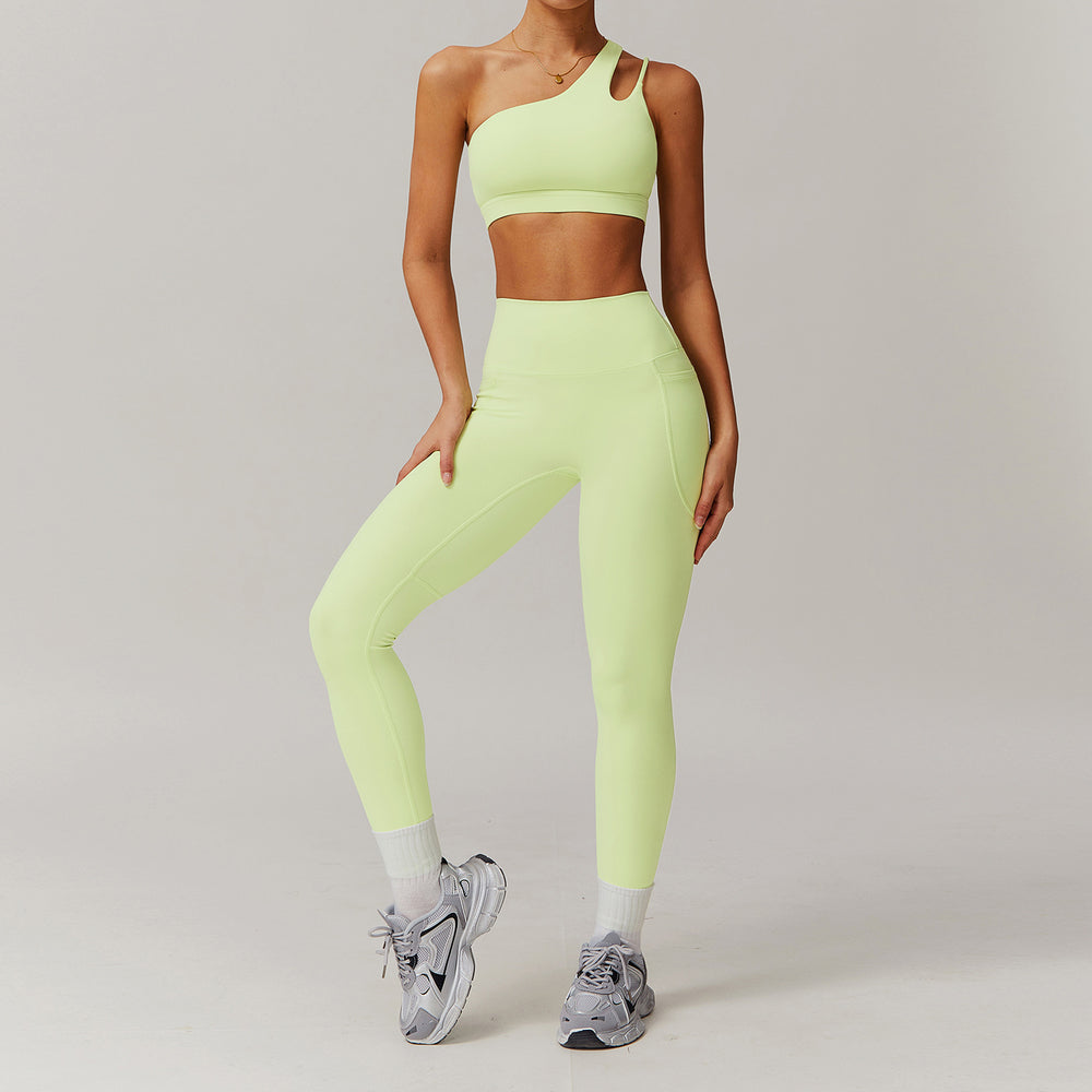 breathable quick-drying tight-fitting yoga clothes flap pocket pants running sports suit diagonal shoulder naked fitness suit6425