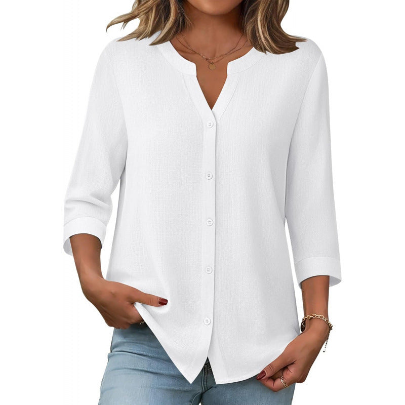 Amazon european goods  summer button-down shirt, three-quarter sleeve v-neck blouse, fashionable casual loose top