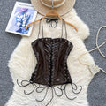 European and american pure lust style sling tube top vest women's summer strap waist pu leather retro fried street hot girl tops trendy
