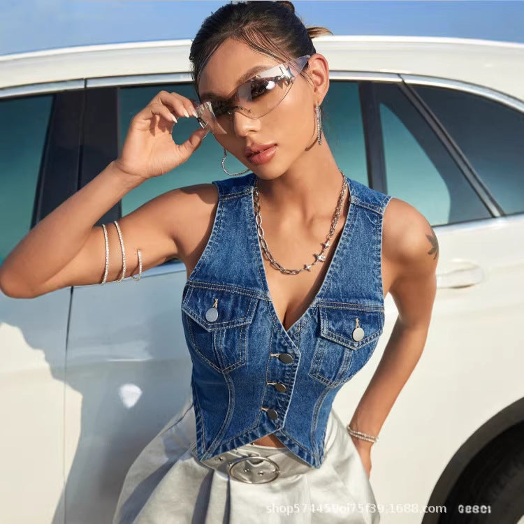 Amazon tiktok pinduoduo foreign trade cross-border denim vest women's waist slimming look irregular hem summer