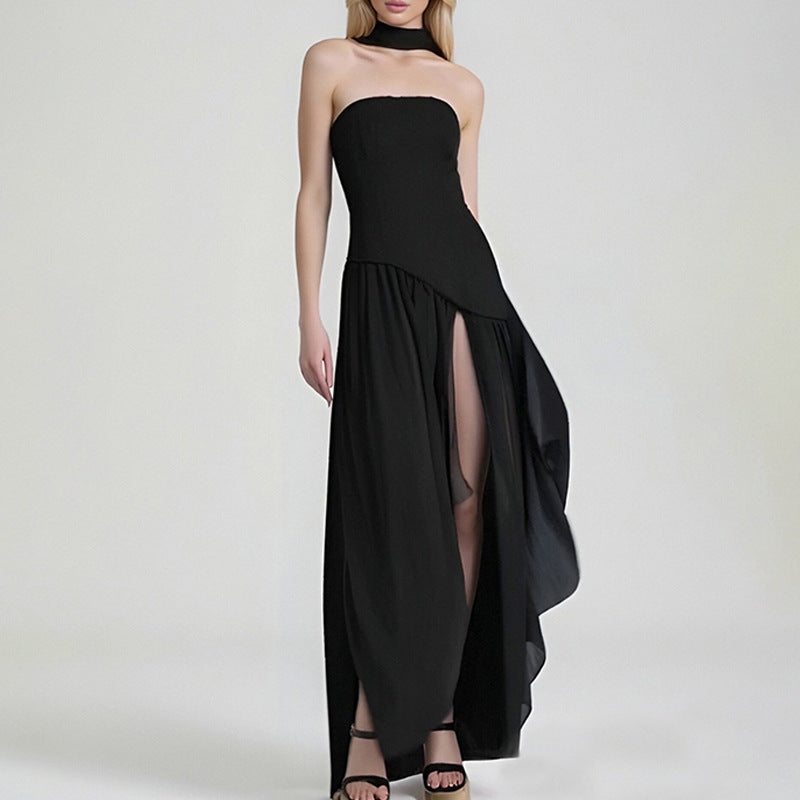 cross-border e-commerce women's fashion: european and american summer new arrivals - stylish solid color bandeau high-slit irregular dress