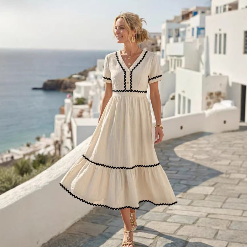 new european and american style elegant vacation dress - backless, lace trim, bow detail, spaghetti strap women's dress
