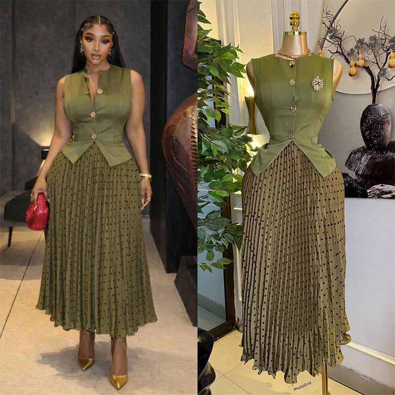 European and american cross-border african women's clothing  summer new collection: elegant sleeveless vest top and pleated skirt set