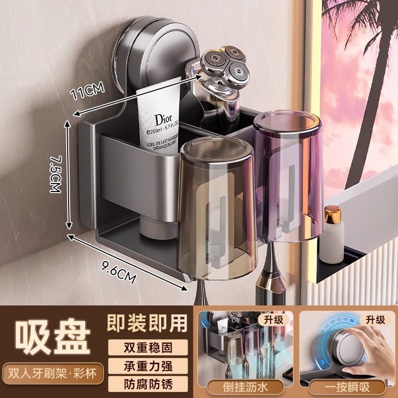 Suction cup toothbrush holder - no drilling required, toothbrush & mouthwash cup organizer, toothpaste dispenser, wall-mounted bathroom storage rack