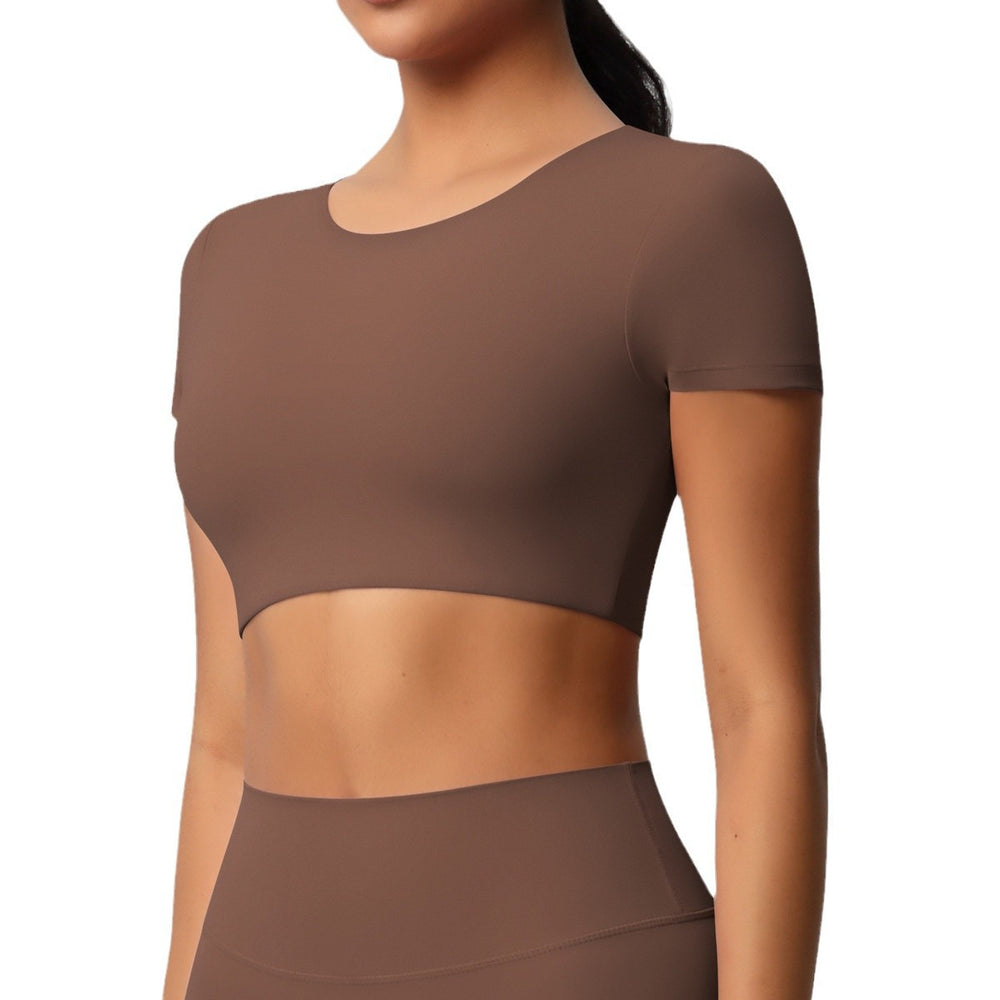 Ready-to-ship, cross-border, double-sided brushed, built-in bra, form-fitting, short-sleeve yoga top, pilates, running, and workout t-shirt for women