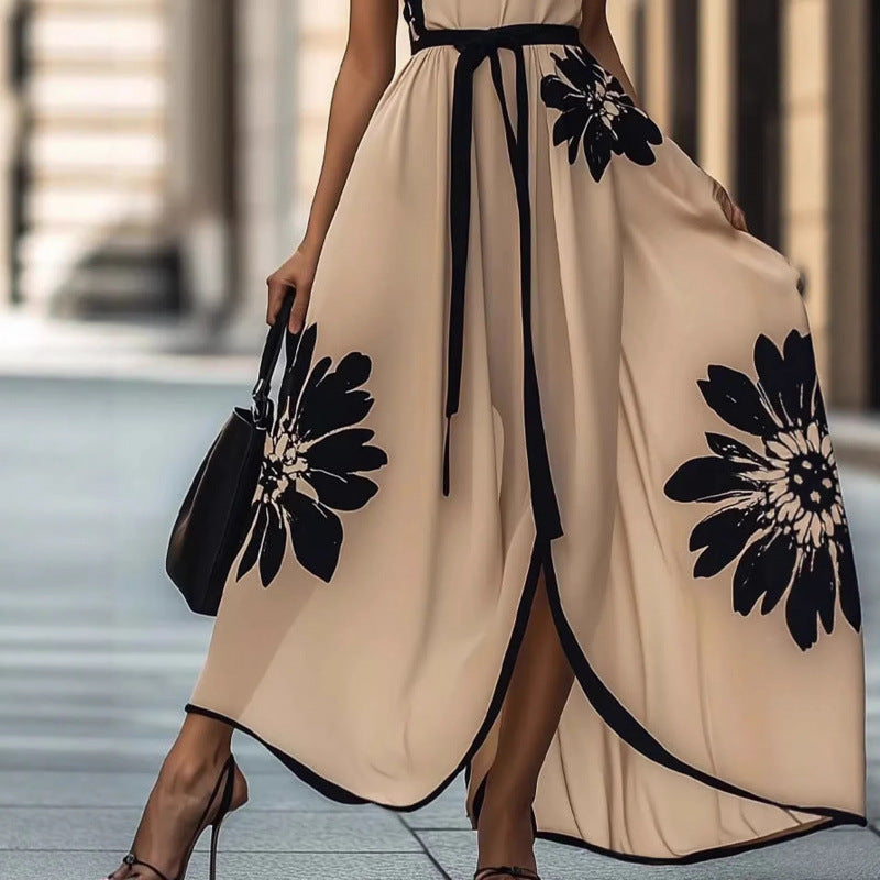 Amazon european style elegant floral print round neck long sleeveless dress - new summer collection