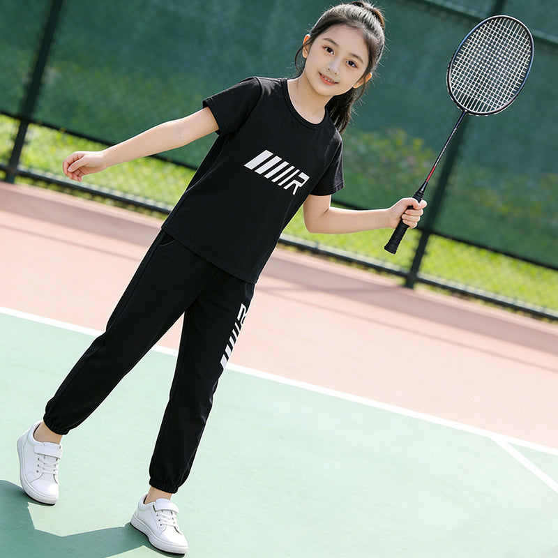 Girls' summer new arrival: kids' round neck short sleeve  versatile fashion girl's tracksuit set - summer outfit