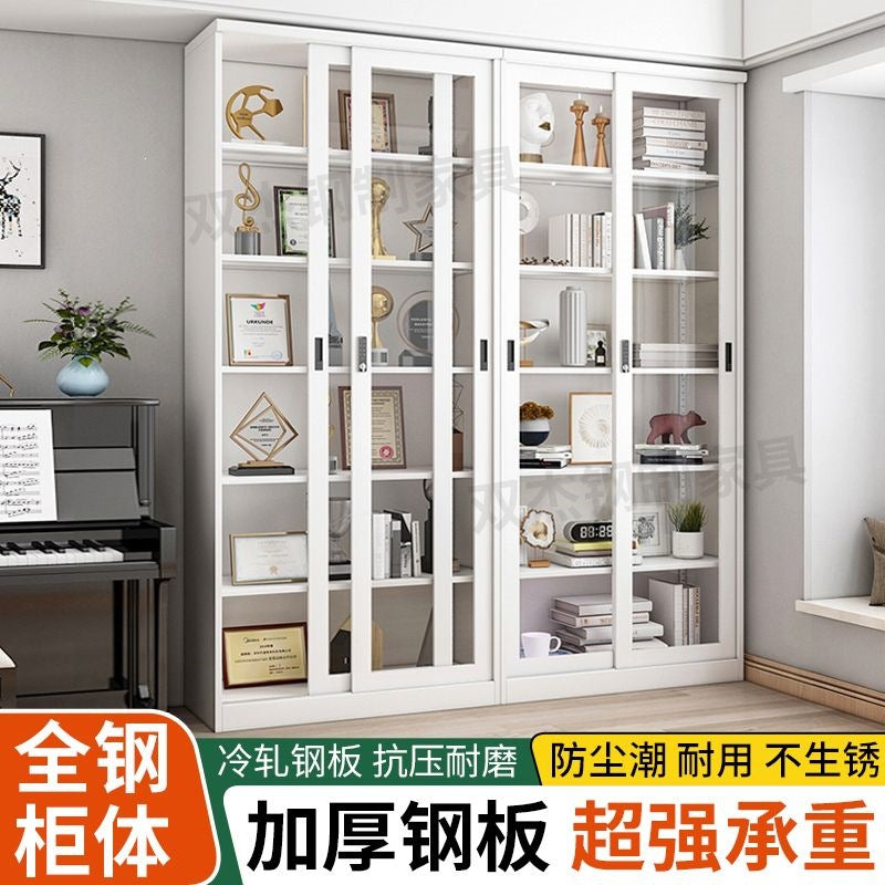 Steel light luxury sliding door bookcase push-pull glass door display cabinet iron kids bookshelf floor-standing storage cabinet password lock
