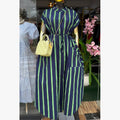European and american cross-border women's fashion:  spring new arrival - stylish and elegant striped tie-waist pocket short-sleeve midi dress