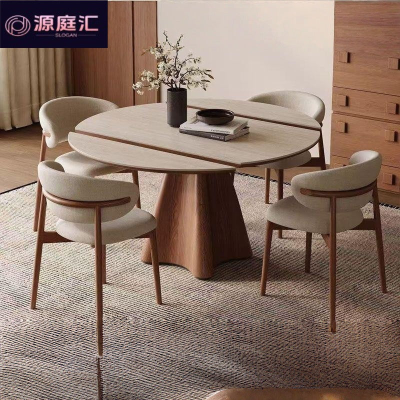 Vintage-style travertine rock slab extendable dining table and chairs - space-saving, foldable, round/square convertible retro round dining table for home use