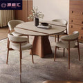 Vintage-style travertine rock slab extendable dining table and chairs - space-saving, foldable, round/square convertible retro round dining table for home use