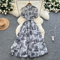 Vintage ink wash painting print short sleeve dress - women's summer stand collar belted slimming design - elegant mid-length dress