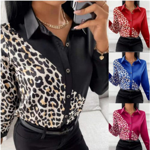2022 European and American WISH spring new fashion shirt Internet celebrity top slim splicing printed leopard print shirt women's clothing