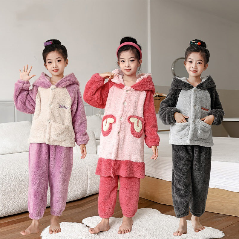 Girls' cartoon strawberry bear hooded pajamas - winter home wear two-piece set - warm, fleece-lined, and extra thick (sizes for toddlers to big kids)