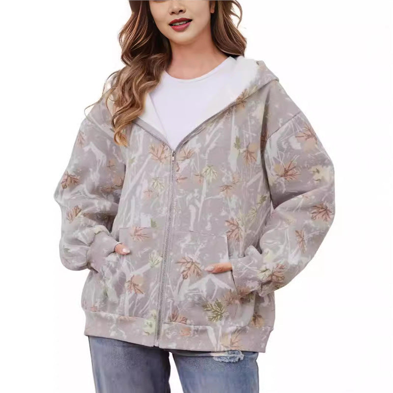 cross-border leaf print hoodie - unisex zip-up 3d printed jacket, casual & versatile, hot seller for international markets