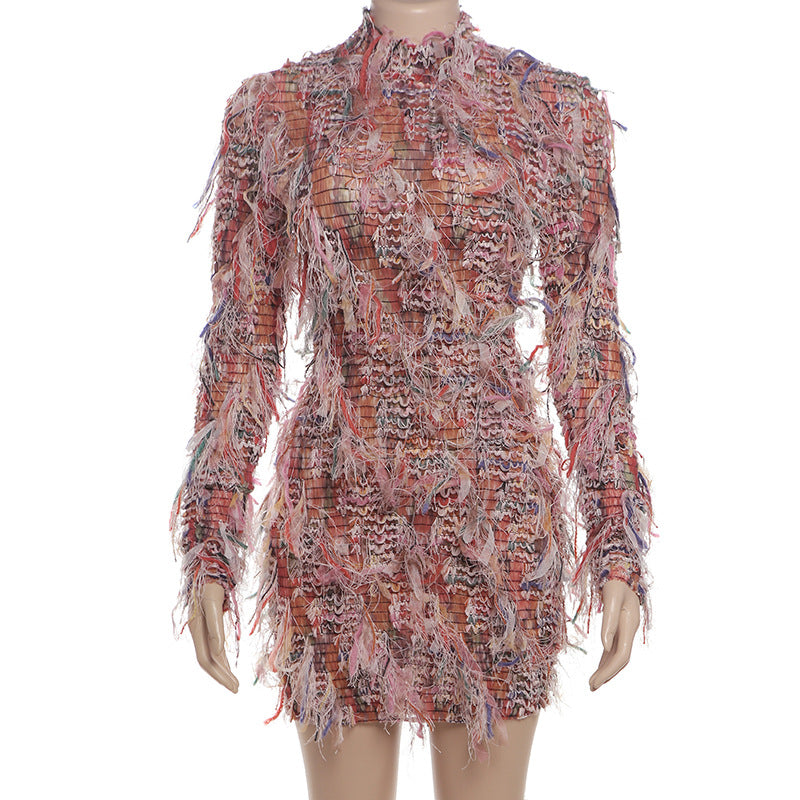 European and American  2024 new autumn women's clothing sweet and fresh long-sleeved semi-turtleneck color fringed slim dress