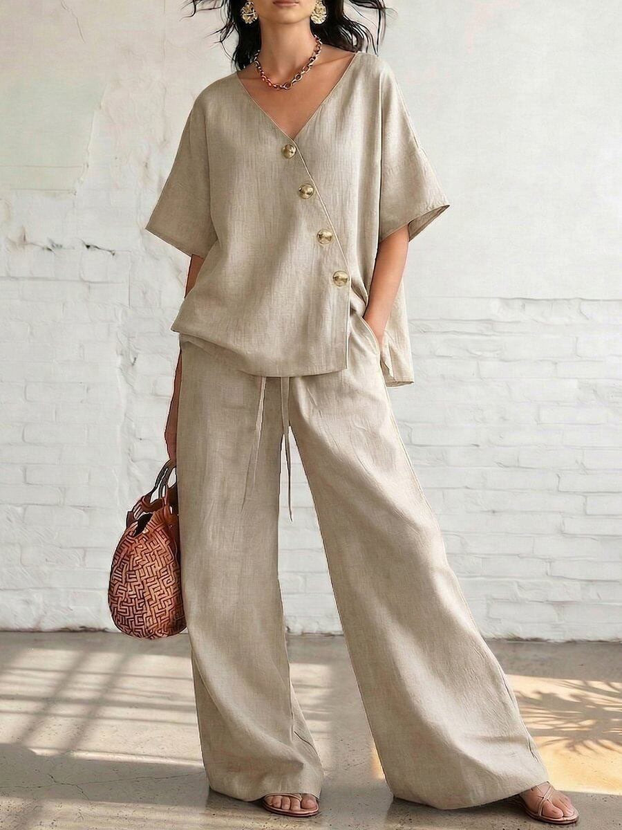 european and american cross-border women's fashion casual solid color v-neck loose short sleeve top and drawstring pants two-piece set