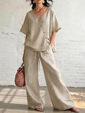 european and american cross-border women's fashion casual solid color v-neck loose short sleeve top and drawstring pants two-piece set