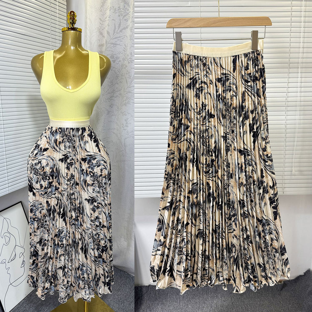 export  spring/summer new arrival: printed pleated a-line midi skirt with elastic waist and full sweep