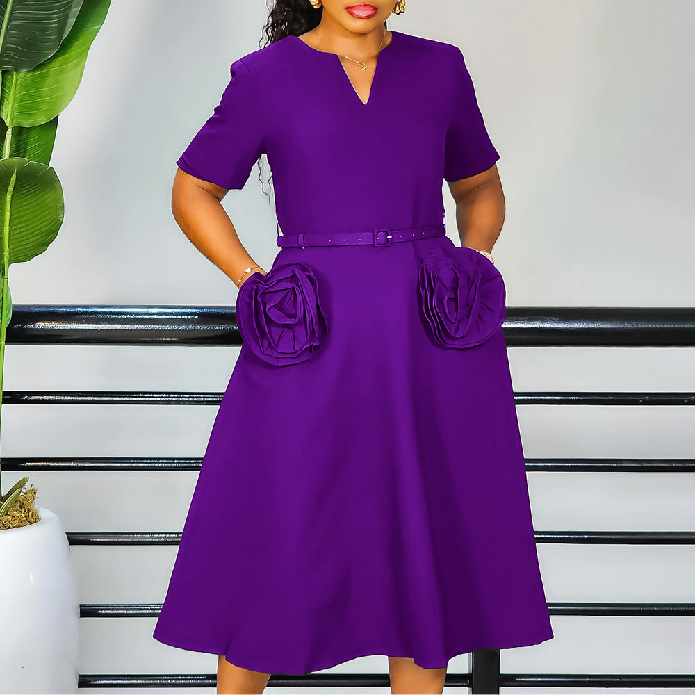 D576 women's foreign trade summer  new fashion v-neck elegant short sleeve cinched waist a-line dress plus size european and american style dress