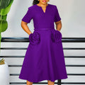D576 women's foreign trade summer  new fashion v-neck elegant short sleeve cinched waist a-line dress plus size european and american style dress
