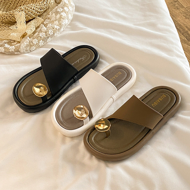 Frenchclassy sense slippers cover toe women's outwearfashionsummer round toe k-styleplaidflats beach sandals women's slippers