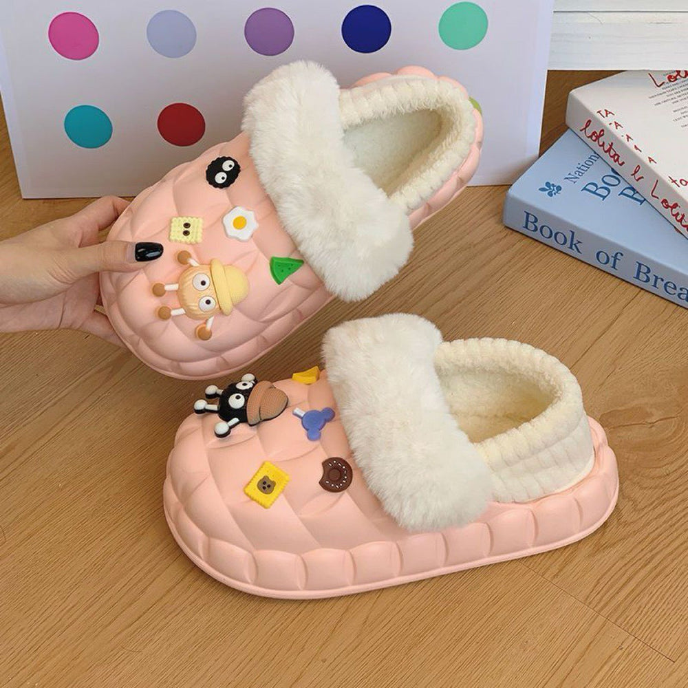 2025 cotton slippers - removable & washable, women's winter home & outdoor wear, thick sole, closed heel, fleece-lined, cartoon design, warm & cozy