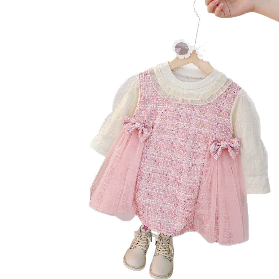 Girls' sweet & cute stylish long-sleeve dress -  new korean style faux two-piece princess dress for toddlers and young children