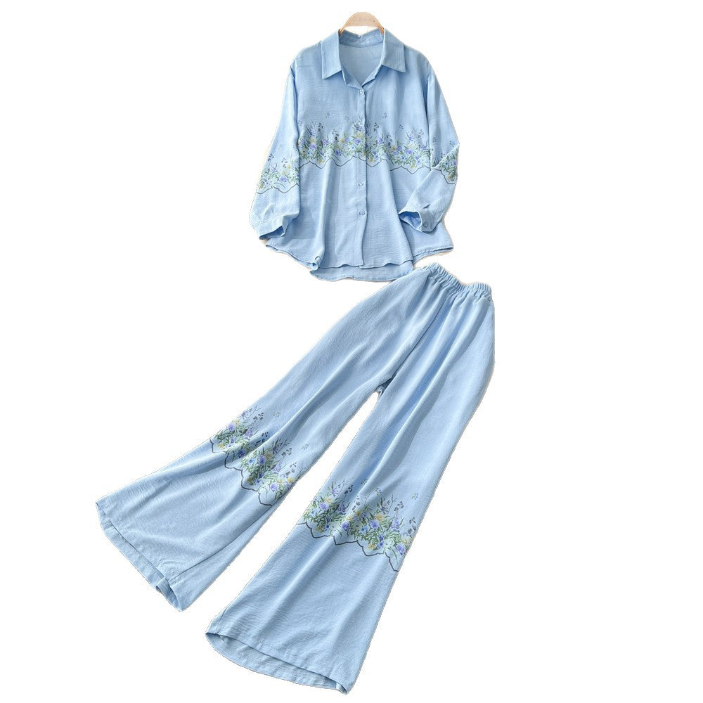 High-end embroidered floral shirt and wide-leg pants set - elegant two-piece outfit for women, new spring collection, commute-friendly, stylish and versatile