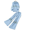 High-end embroidered floral shirt and wide-leg pants set - elegant two-piece outfit for women, new spring collection, commute-friendly, stylish and versatile