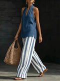 fashion  summer new style halter v neck stripes linen suit holiday style loose pants two