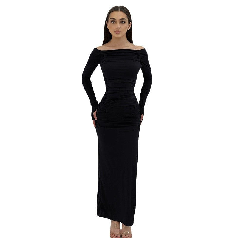 autumn european and american style cross-border women's fashion new one-shoulder sexy bodycon pleated side slit dress