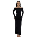 autumn european and american style cross-border women's fashion new one-shoulder sexy bodycon pleated side slit dress