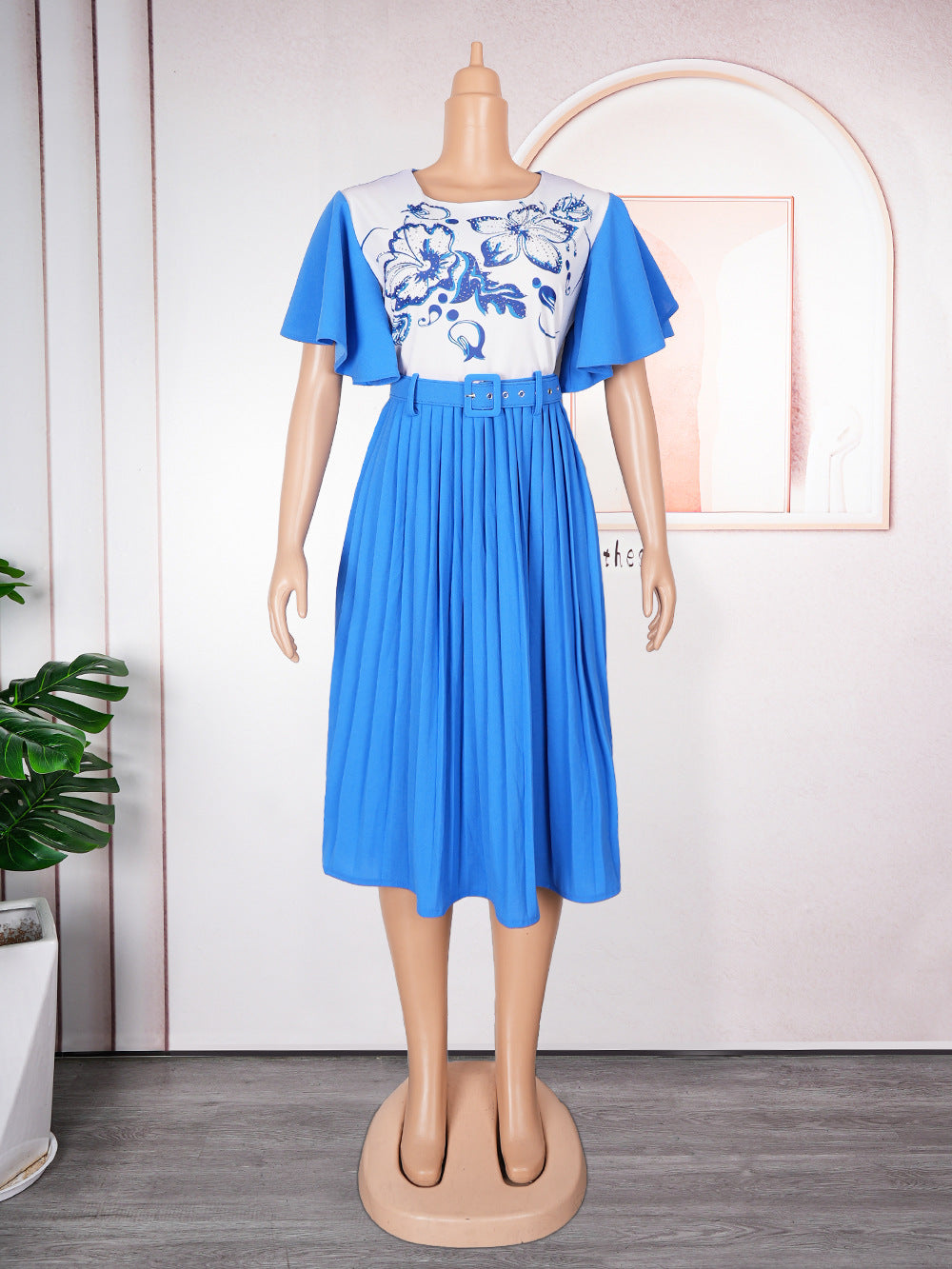 Aliexpress women's printed dress african cross-border trade new style maternity plus size pleated skirt with belt