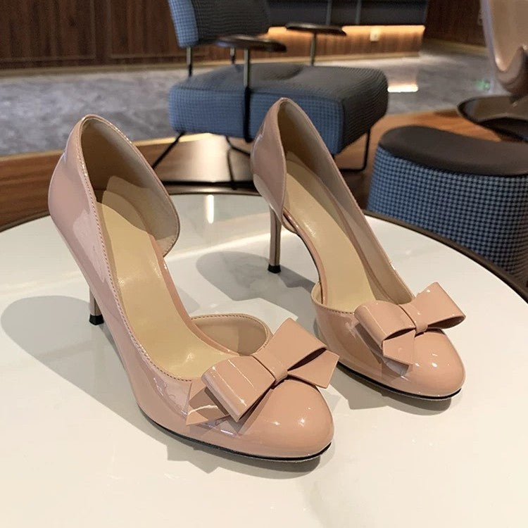 Nude high heels women's stiletto heels 2025 spring and autumn new bow round toe celebrity classy side open patent leather flats
