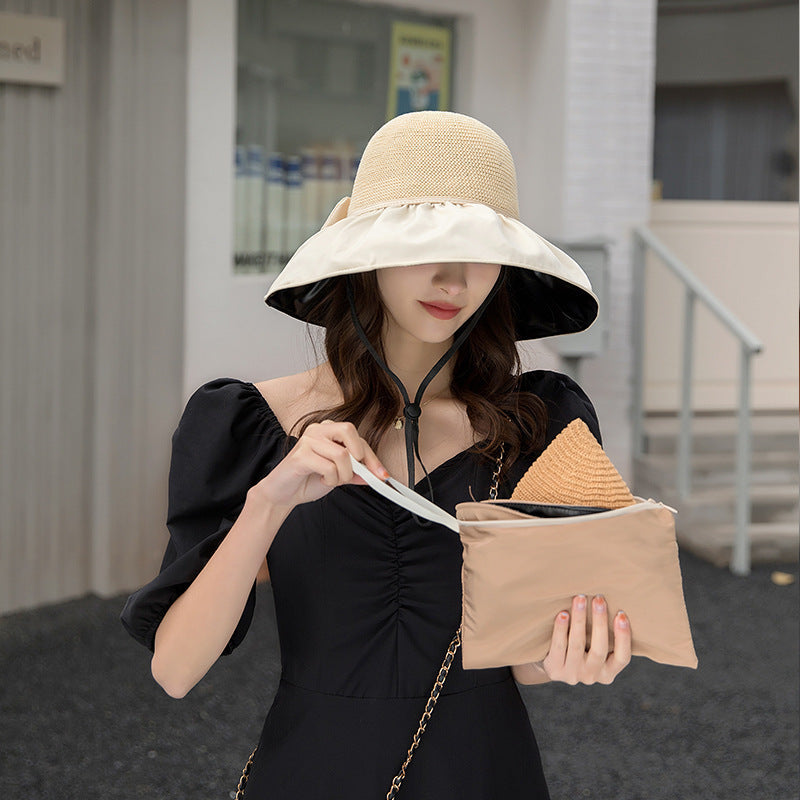 Sunscreen hat Women's UV protection Sun hat Foldable vinyl bow storage bucket hat Face covering Big brim hat