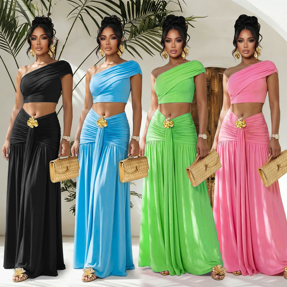 C7675 cross-border   fashion women's sexy one-shoulder cropped top and midi skirt set