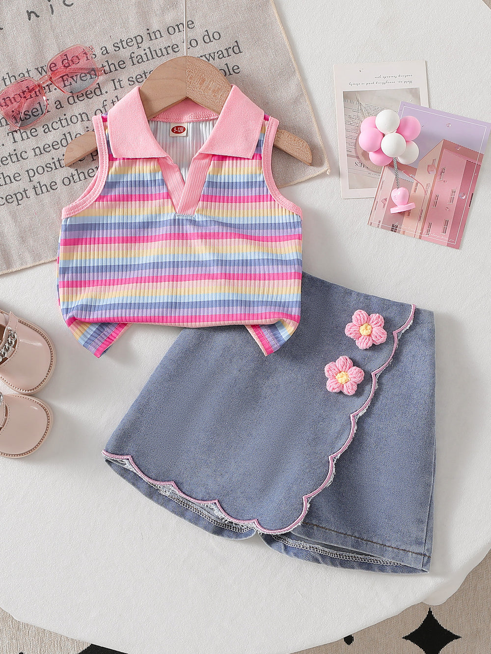 cross-border girls' fashion striped polo shirt top + irregular embroidered floral denim jeans two-piece set