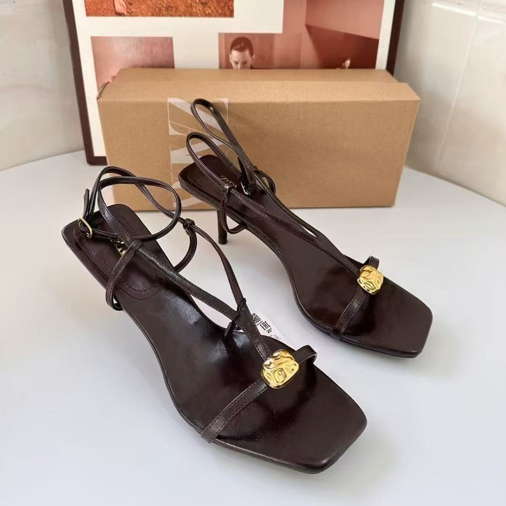 Za autumn new arrivals 2024: stiletto heel sandals with metal buckle detail, ankle strap, and back tie closure