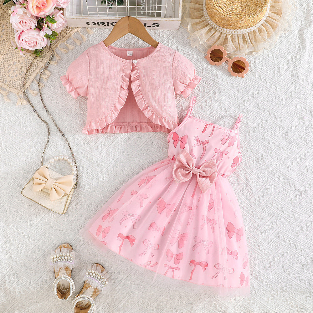 summer bow-printed cami dress + solid color jacket fashionable sweetheart european and american style pinafore dress girls' set