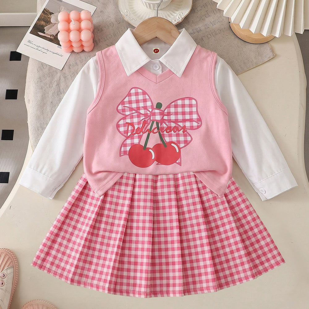 cross-border exclusive: preppy style blouse + knitted cherry print vest + pleated mini skirt three-piece set