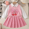 cross-border exclusive: preppy style blouse + knitted cherry print vest + pleated mini skirt three-piece set