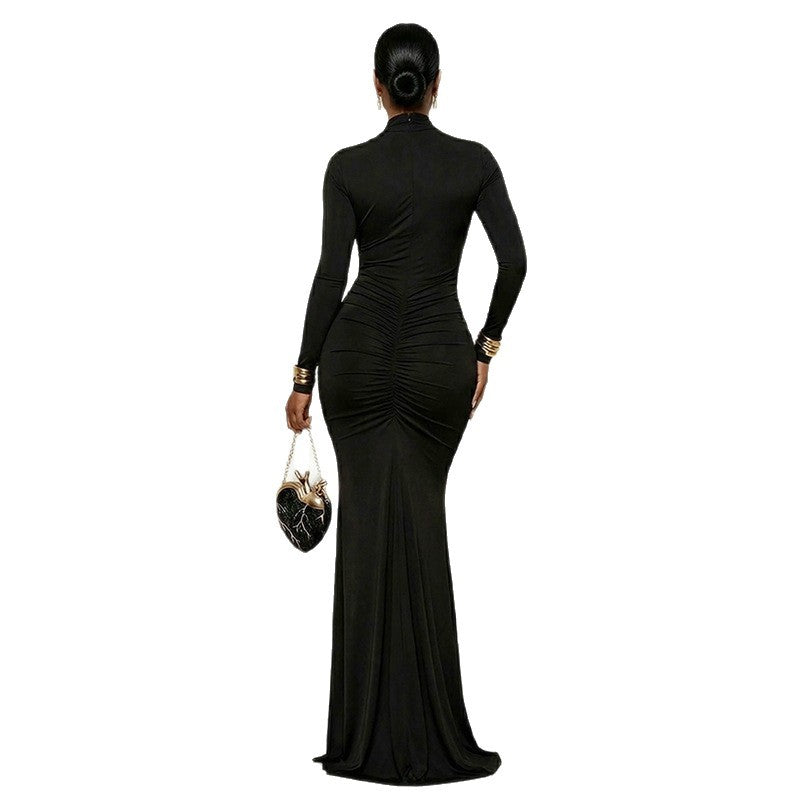 Fashion cross-border elegant banquet women's pure color close-fitting curve hip skirt design sexy chest-wrapped long sleevesdress