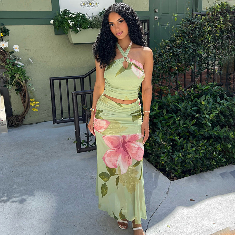 European and american style cross-border casual beach women's printed summer fresh skirt set, criss-cross halter backless trendy two-piece outfit